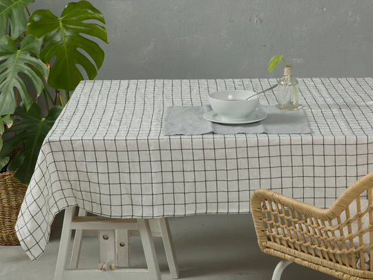 Linen Tablecloth-Table Linens-Washed Tablecloth in White Base With Black Checks - Table Linens-Tablecloth