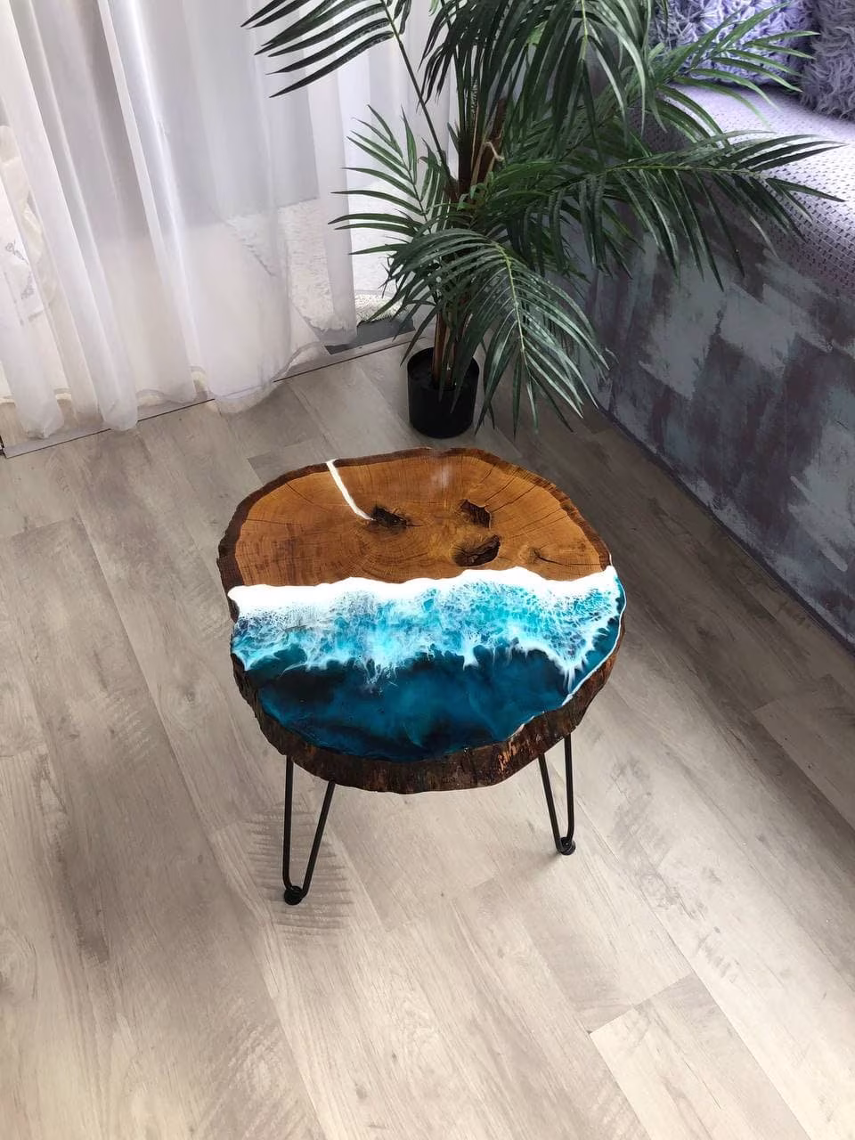 Epoxy Resin Coffee Table, Live Edge Side Beach Ocean Table