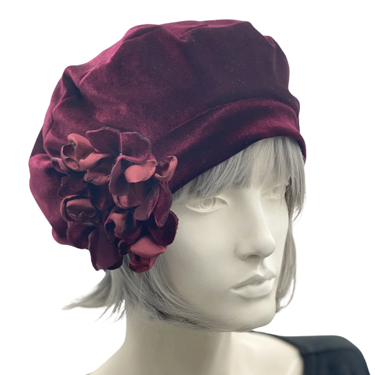 Beret For Women, Burgundy Velvet Beret, Hydrangea Style Flower Brooch, Best Friend Birthday Gifts, Made in Usa, Handmade
