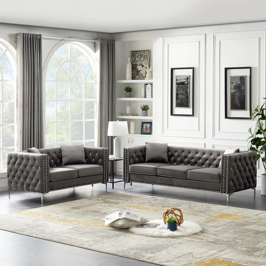 2 Piece Velvet Sofa Set Tufted Back Sofa and Loveseat with Jeweled Buttons