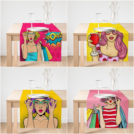 Pop Art Girl Table Runner|Decorative Runner|Vibrant Colors Suede Runner|High Quality Decor|Vivid Kitchen Decor