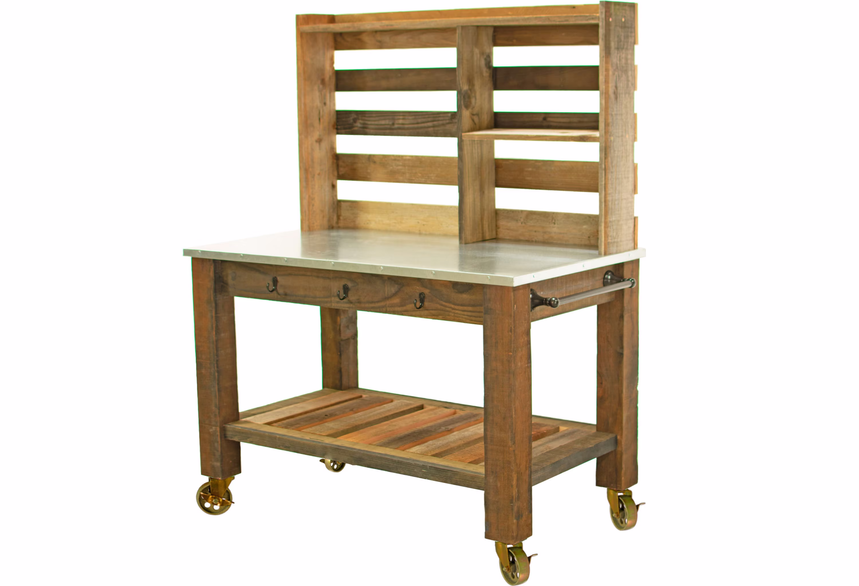 Potting Table Work Bench Storage Buffet Island Cart Outdoor Garden Furniture Hand-Made Redwood Zinc Top Gold Painted Cast Iron Swivel Wheels