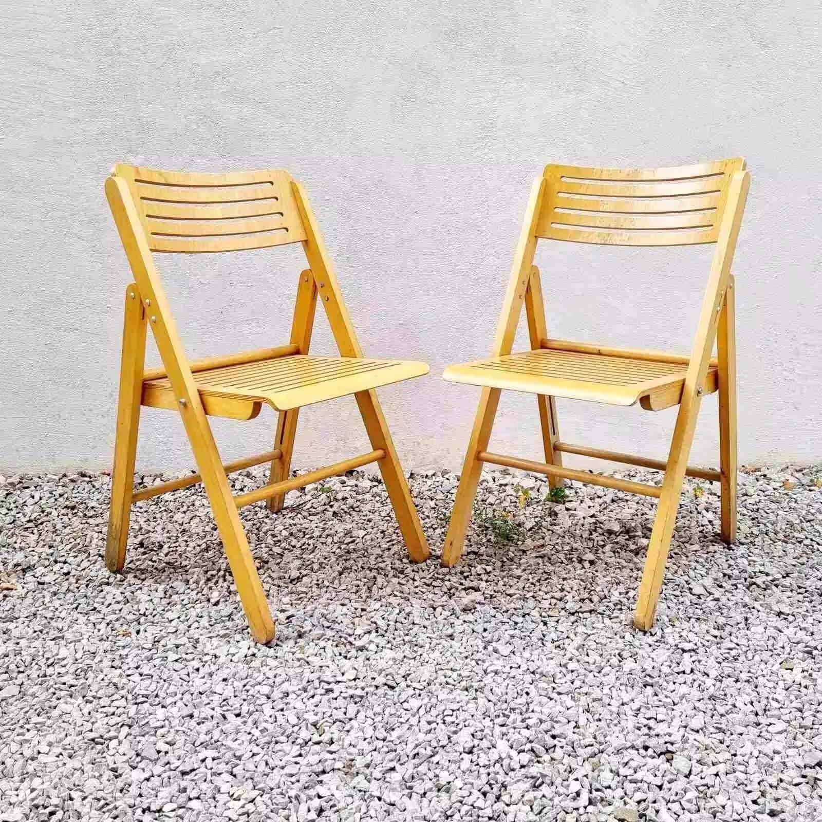 Pair Of Mid Century Modern Folding Easy Chairs/Vintage Lounge Armchairs Wooden Nature Italy "60S