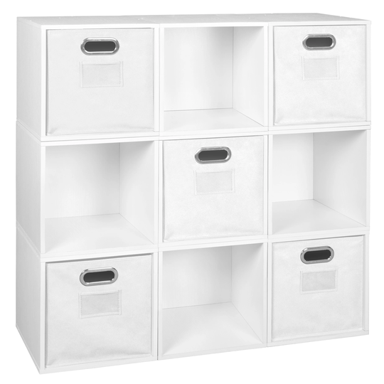 Noble Connect Storage Set - 9 Cubes and 5 Canvas Bins- White Wood Grain/White