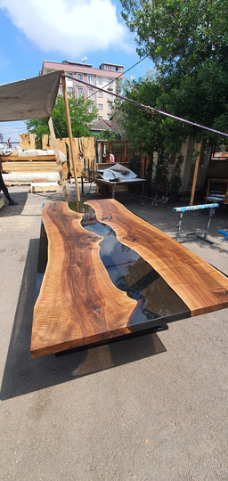 Walnut Dining Table, Epoxy River Custom 115" X 51" Smokey Order For Simone M