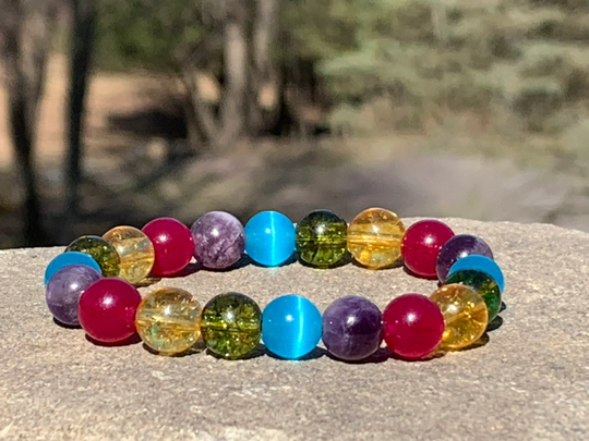 Natural Gemstone Bracelet, Stretch Amethyst, Citrine, Peridot, Red Jade & Blue Cat's Eye Beads, Crystal Bracelet