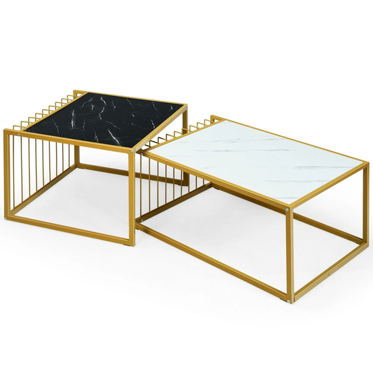 Modern Nesting Coffee Table Marble-Top Side Snack Table Set with Gold Metal Frame