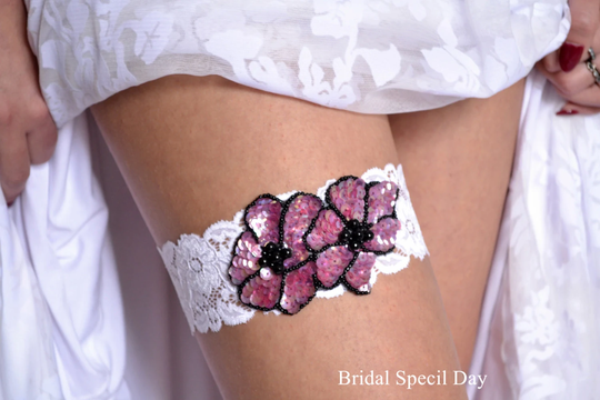 Lavender & Black Sequins Wedding Garter Set, Lace Set Lilac Garter, Prom Garters Bridal White Handmade Violet