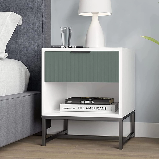 Modern Nightstand, 1-Drawer Storage Cabinet with Shelf, Sturdy Steel Frame, 220Lbs Capacity, White & Green