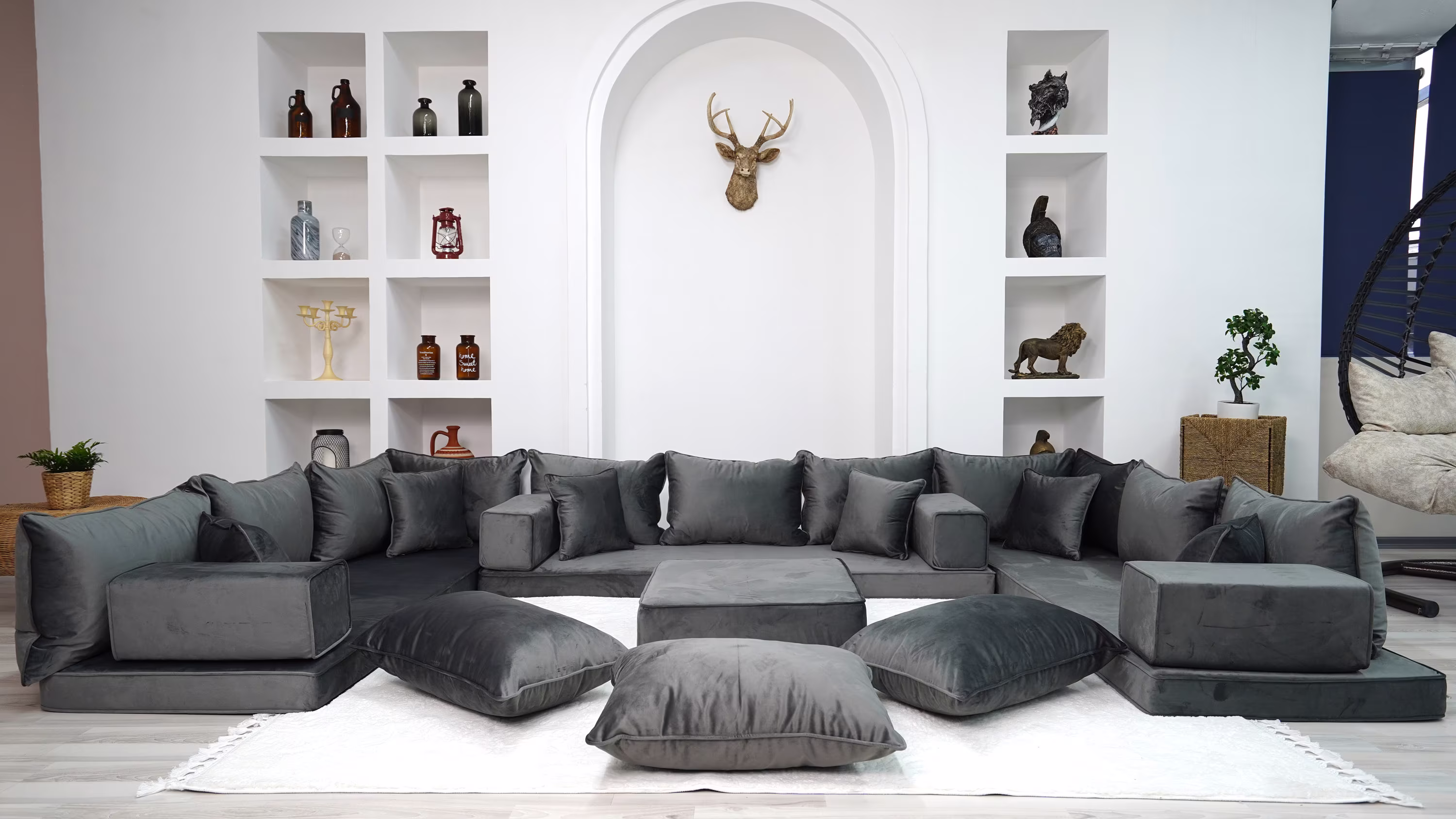 Anthracite Color U Shaped Velvet Floor Seating, Cushions, Couches, Moroccan Livingroom Home Decor, Arabic Majlis, Sleeping Sofa