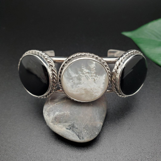 Socute925 Big Black White Stones Bracelet | Sterling Silver Mother Of Pearl Onyx Cuff Southwest Made in Usa