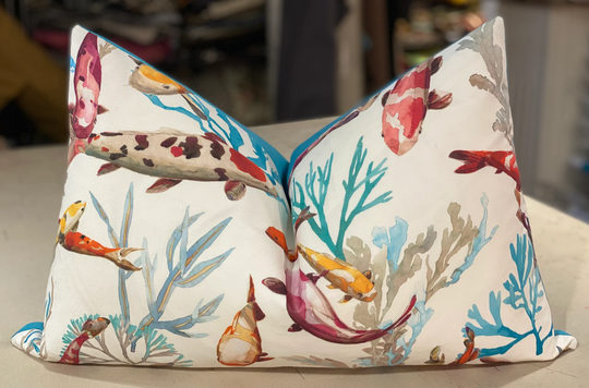 One Manuel Canovas Epices "Salina" Koi Fish Polyester Print Outdoor Custom Bolster Pillow - Sunbrella Back 15" By 23" 1 Available
