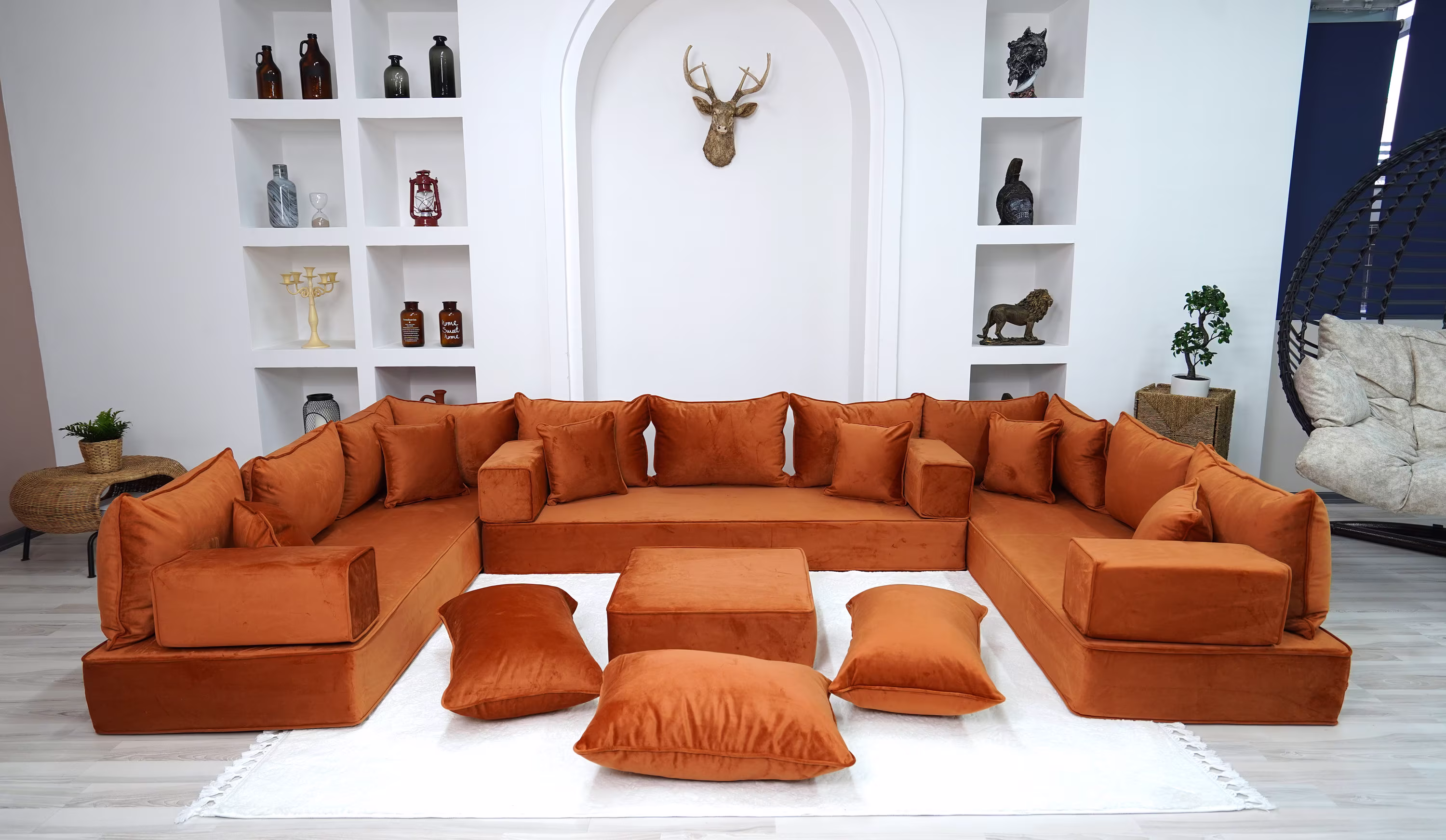 8" Thickness Velvet Amber Color U Shaped Floor Seating Sofas, Moroccan Livingroom Furniture, Sectional Arabic Seating, Couch