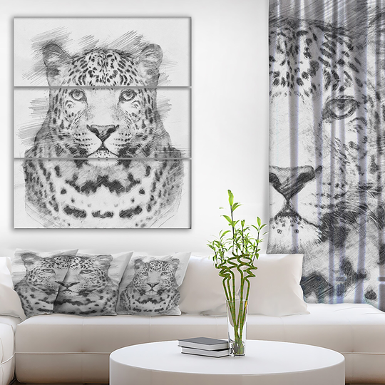 Designart 'Black and White Leopard in Pencil Sketch' Animals Print on Wrapped Canvas set - 28x36 - 3 Panels