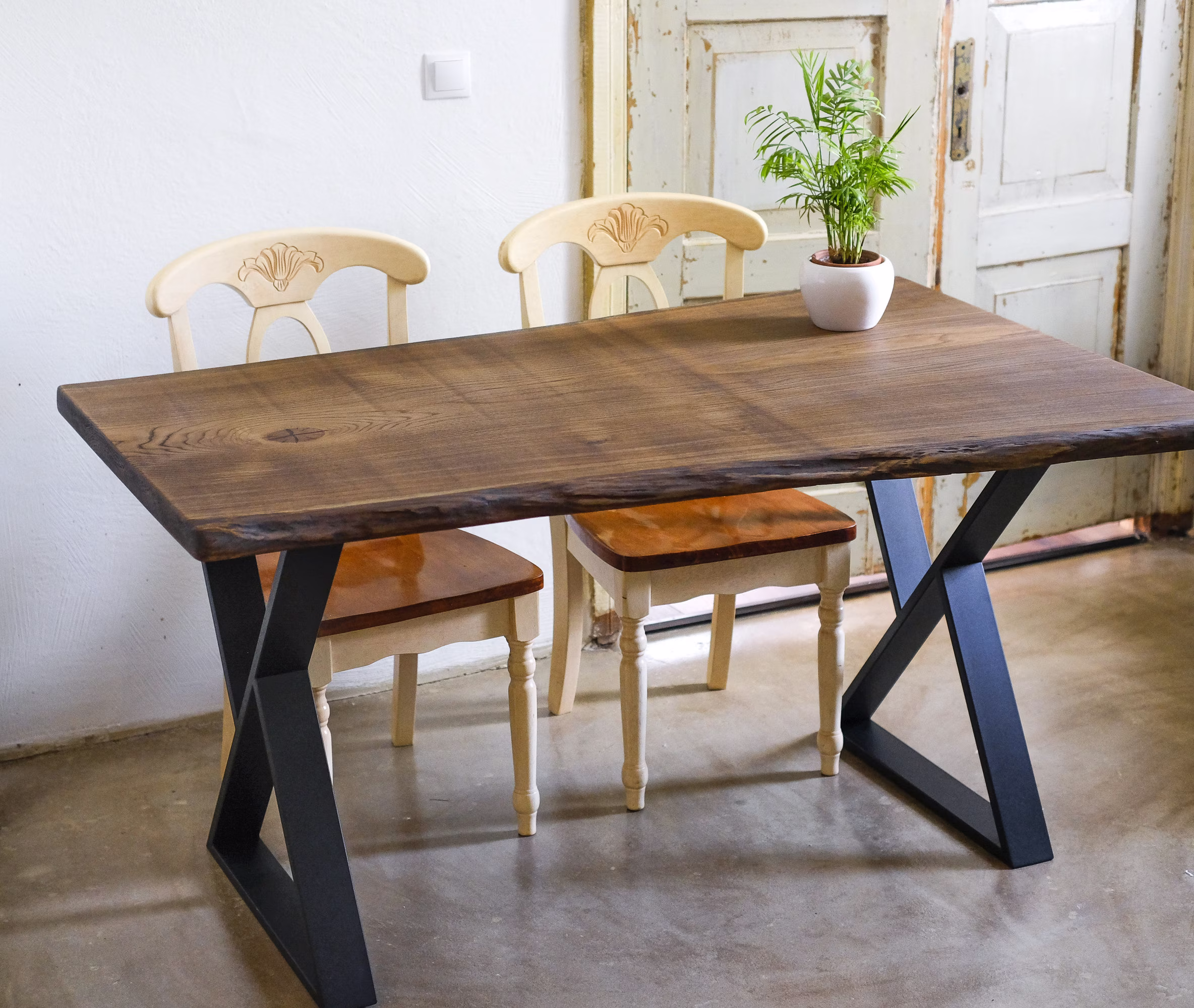 Aged Oak Dine Table, Farmhouse Slab Solid Table & Steal Legs, Live Edge Rustic