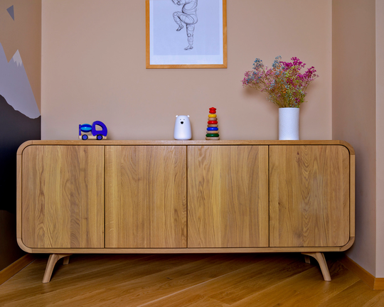 High Sideboard, Wood Tv Unit With Two Compartments, Stand, Vinyl Record Storage, Dresser, File Credenza, Art Deco Media Console