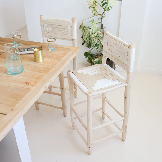 Wooden Bar Chair 24, 26, 28 & 30 Inches, High in Wood Beige Rope Braiding, Handcrafted, Bohemian Chic Ethnic Style