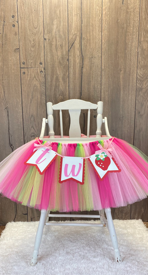 strawberry High Chair Tutu, Highchair Tulle 2nd Birthday Banner, Girls 1st Birthday, Second Berry Smash Cake Party