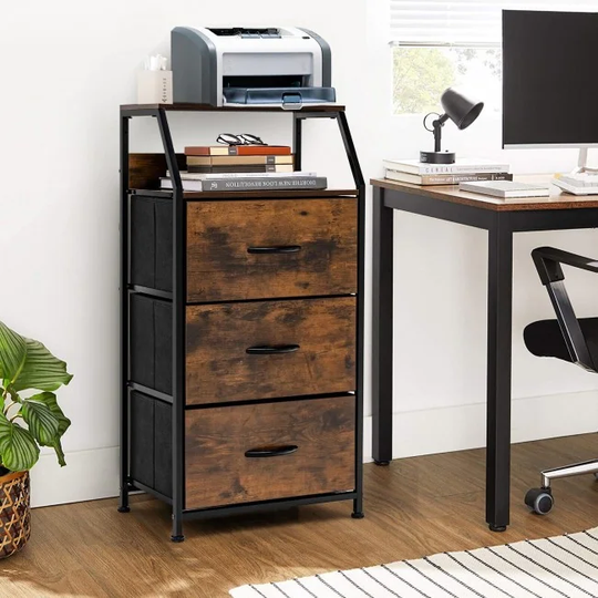 3 Drawer Storage Organizer Dresser with Wood Top and Sturdy Steel Frame-Rustic Brown - Rustic Brown