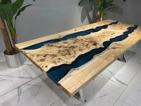 Epoxy Dining Table, Mappa Burl Resin Live Edge Living Ocean Blue Natural Handmade Furniture For 8 Person
