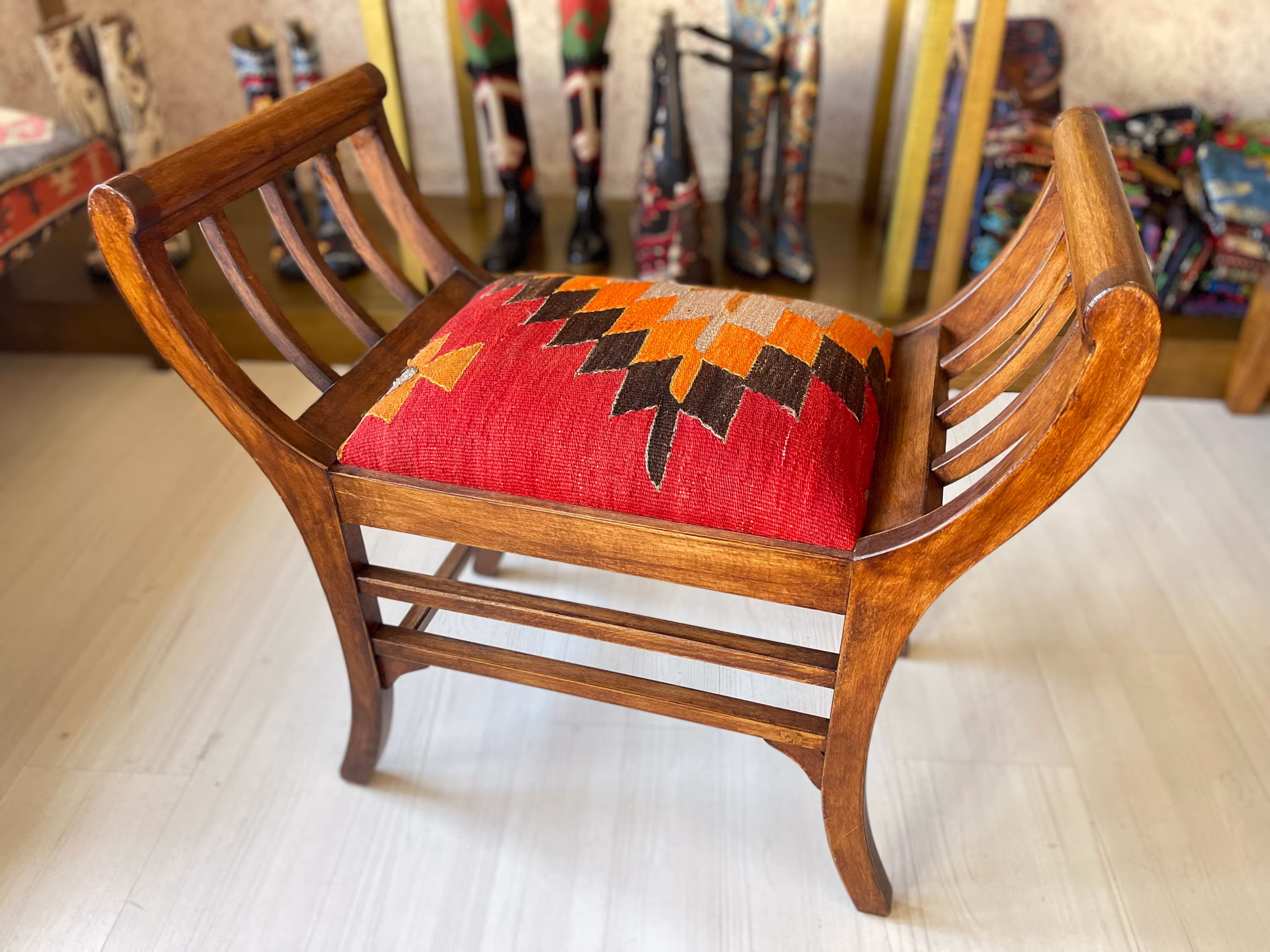 Kilim Ottoman Marquise Chair, Kilim Ottoman Stool, Bench, Beech Wood Stool /Vintage Furniture/Chair /Kilim