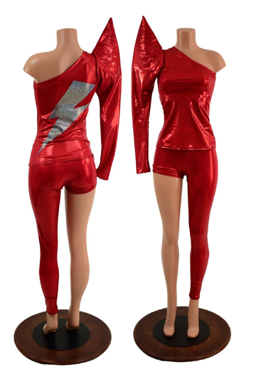 Bowie Inspired Asymetrical Top & Pants Mock Catsuit With Rebel Lightning Bolt Emk157778