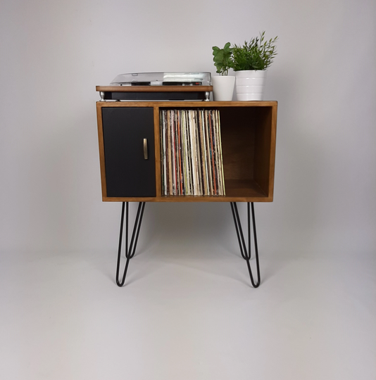 Small Walnut Sideboard | Black Door & Hairpin Legs Record Deck Table Vinyl Storage Designer Minimalist Furniture