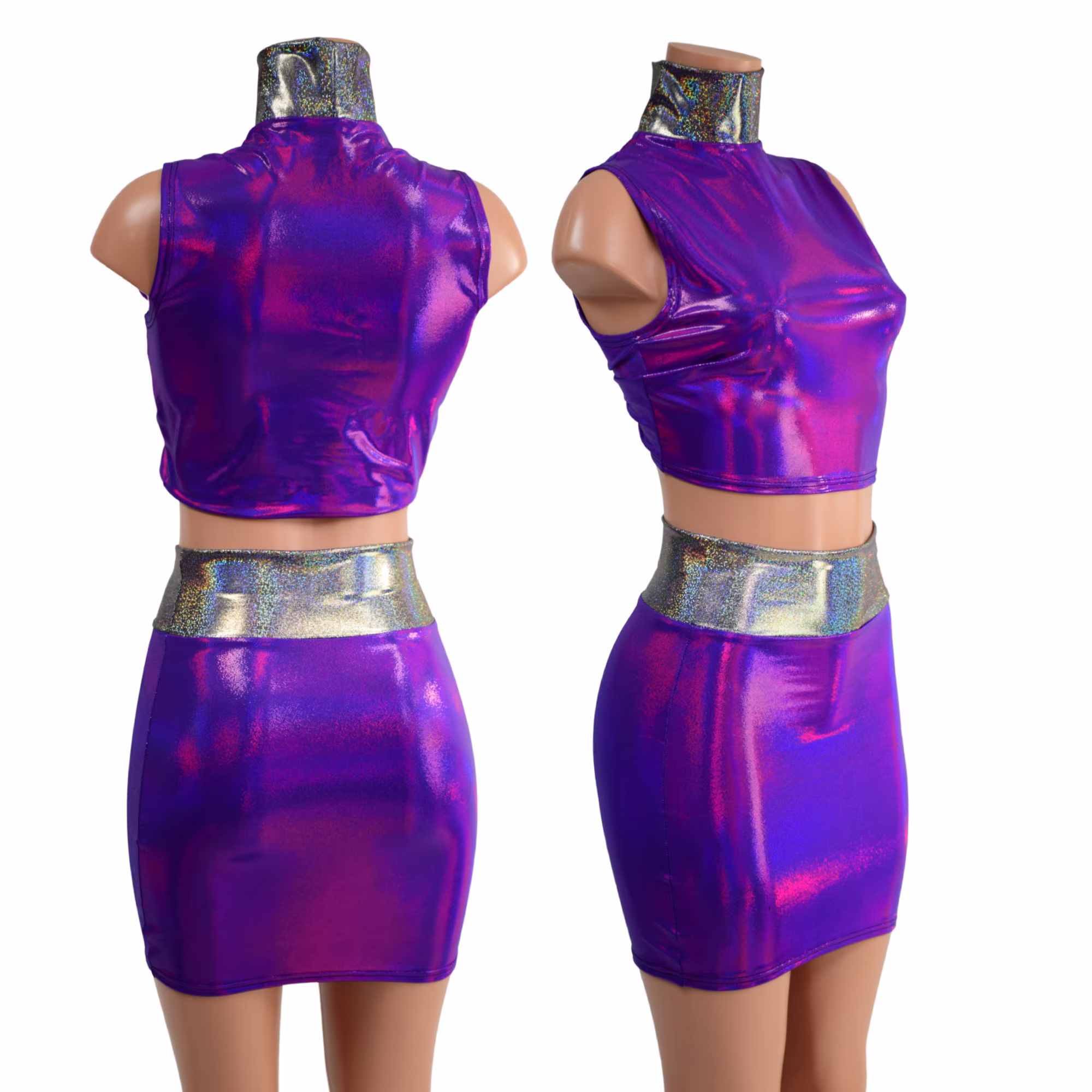 Grape Purple Holographic Sleeveless Turtle Neck Crop Top & Bodycon Skirt Set With Silver Waistband & Turtleneck -157892