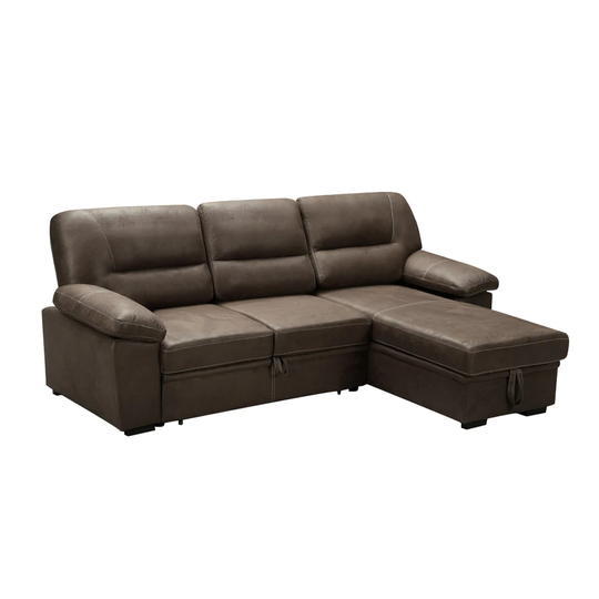 Microfiber Reversible Sleeper Sectional Sofa Chaise in Saddle Brown