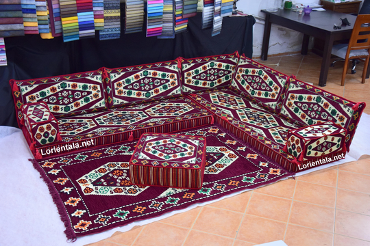 L Shaped Arabic Oriental Floor Seating Sofa Set Floor Cushion Turkish Home Decor Moroccan Kilim Yoga Meditation Bohemian Couch Burgundy