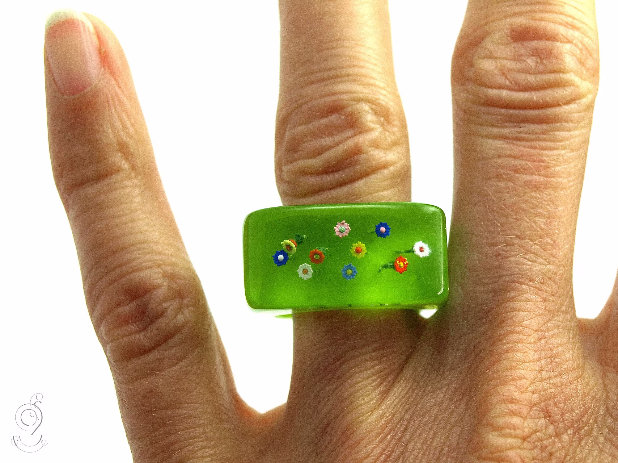 Colorful Flower Garden - Summerly Ring With Colorful Flowers On A Green Made Of Resin
