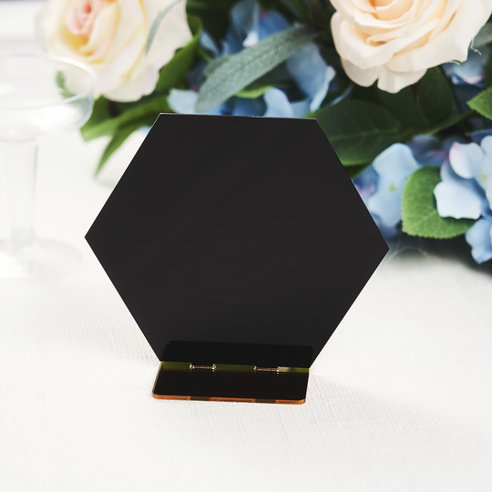 5" Black/Gold Wedding Table Sign Holders, Hexagon Acrylic Number Stands, Geometric Decor, Modern - 5 Pack