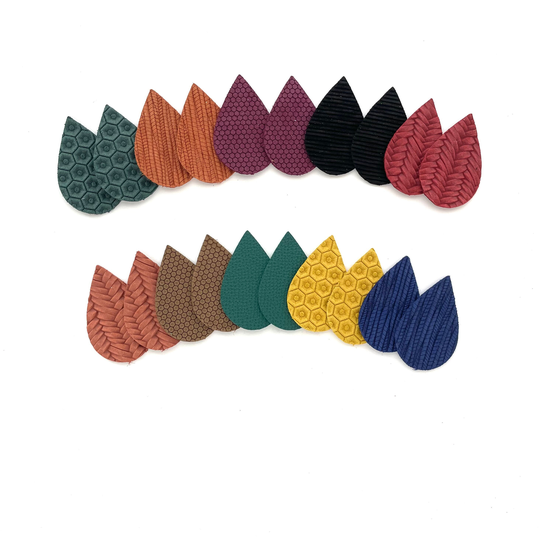 New Fall 2021 Colors Leather Teardrop Sample Pack, Mustard Rust Plum Palm Braided, Die Cut Out, Diy Earrings, Wholesale Embossed Blanks