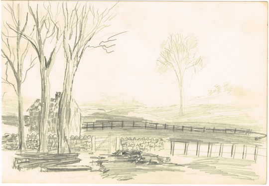 Vintage Original 1950S/1960S Pencil Sketch Drawing Picture Of Countryside Trees By J Hornby