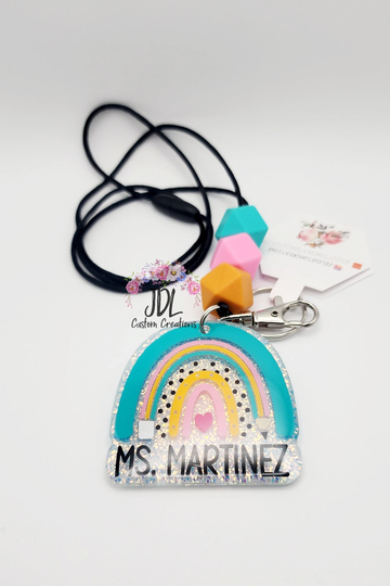 Teacher Lanyard - Rainbow Pencil Trendy Silicone Bead Personalized Appreciation
