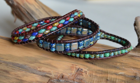Unisex Multi-Color Wrap Bracelet/3xwrap/Three Wrapped Bracelet/Leather Beaded Wrap/Wrap Around/Boho Wrap/Holiday Gifts/For Her For Him/Yevga