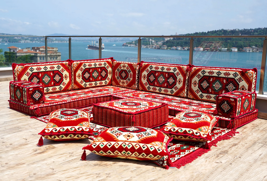 Red L Shaped Floor Sofa, Pillow, Arabic Sofa Set, Sectional Sofas, Cushion, Bench Cover, Housewarming Gift