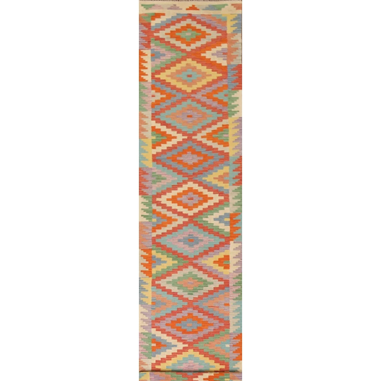 Reversible Kilim Colorful Runner Rug Flat-weave Wool Carpet - 2'6"x 16'1"
