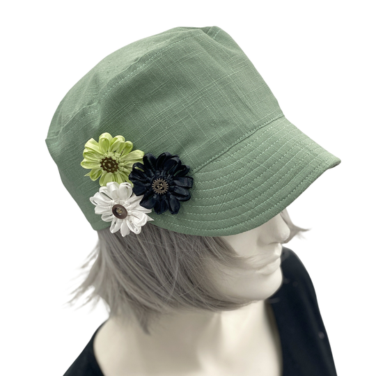 Cadet Cap, Size Large Ready To Ship, Casual Army Style Hat, With Three Ribbon Flowers, Handmade in Green Linen, Best Friend Gifts