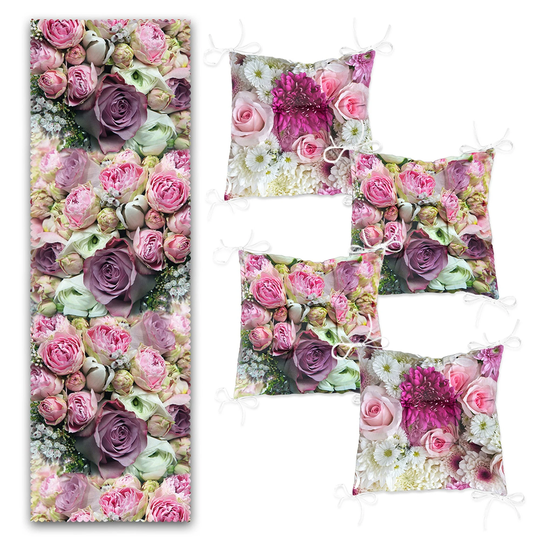 Set Of 4 Puffy Chair Pads & 1 Table Runner|Purple Pink Rose Print Floral Cushion Tabletop Set|Decorative Seat Pad Tablecloth
