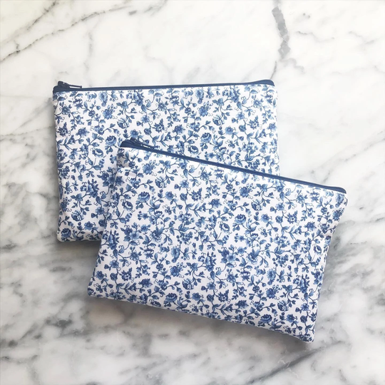 Blue & White Floral Zipper Pouch - Standard - Make Up Bag - Pencil Case - Pencil Case