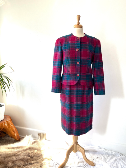 Vintage 1960S Pendleton Pink Plaid Wool Suit, Mod Check Jacket & Pencil Skirt Size Medium