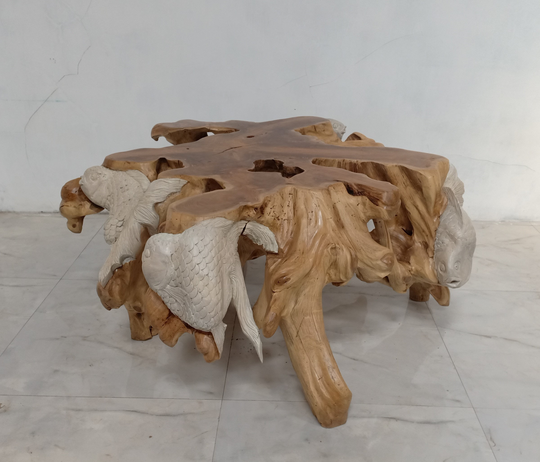 Carved Table - Sculpture Fish Teak Root Coffee Live Edge Driftwood