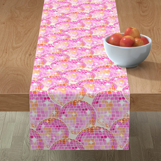Pink Disco Table Runner - Sparkling Balls By Byre Wilde Mirror 70S Vibes Retro Girly Cotton Sateen Spoonflower
