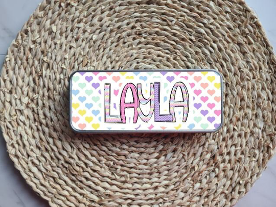 Rainbow Hearts Personalized Tin Pencil Case, Back To School, School Supply, Supplies, Box For Kids