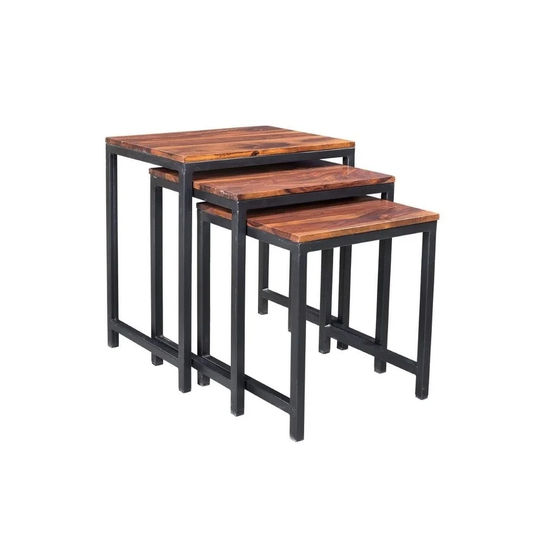 Handmade Reclaimed Seesham Wood and Iron Nesting Table, Set of 3 (India) - Largest table: 21.75"W x 15.75"D x 24"H