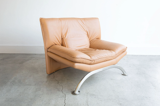 Sold | Vintage Postmodern Nicoletti Salotti Italian Leather Sofa Chair Circa 1980 Tan/Beige Rare Metal Base