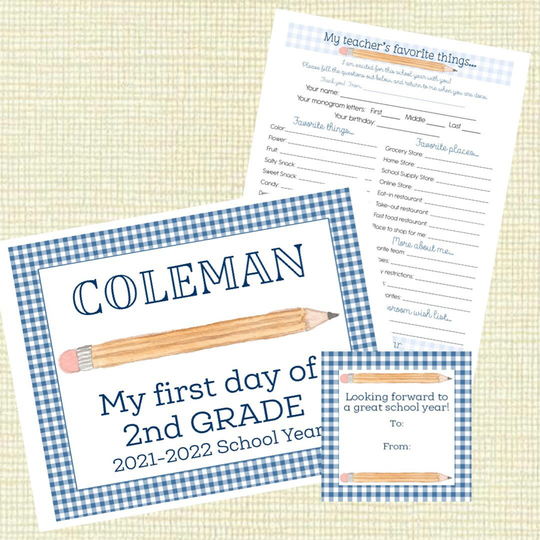 1st Day Of School Sets - "Pencil, Dark Blue Gingham" - Includes Custom Sign, 2 Teacher's Favorite Things Sheets, 4 Gift Tags