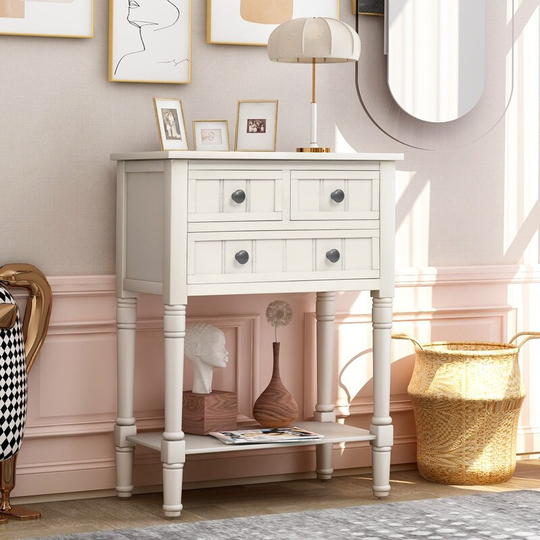 Narrow Console Table, Slim Sofa Table with 3 Drawers and Bottom Shelf (Ivory White)