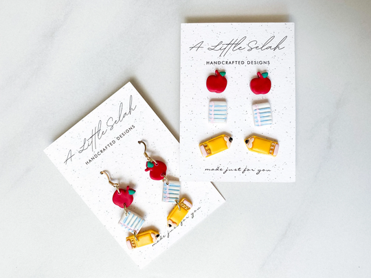 Teacher Appreciation, Clay Educator Earrings, For Back To School, Apple, Pencil, Notebook